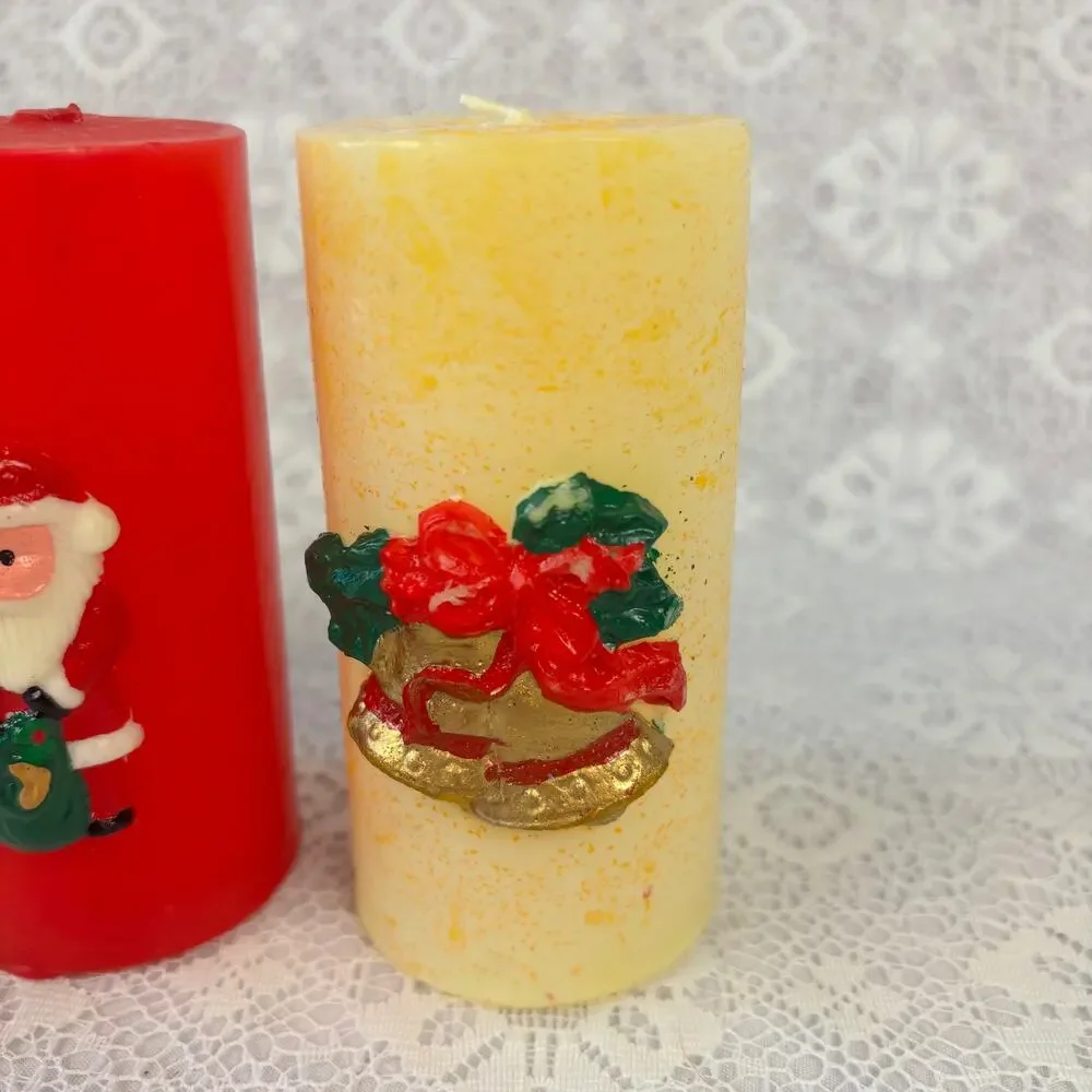 Set of 3 Vintage Christmas Pillar Candles Santa Bells Pinecones Holiday Decor